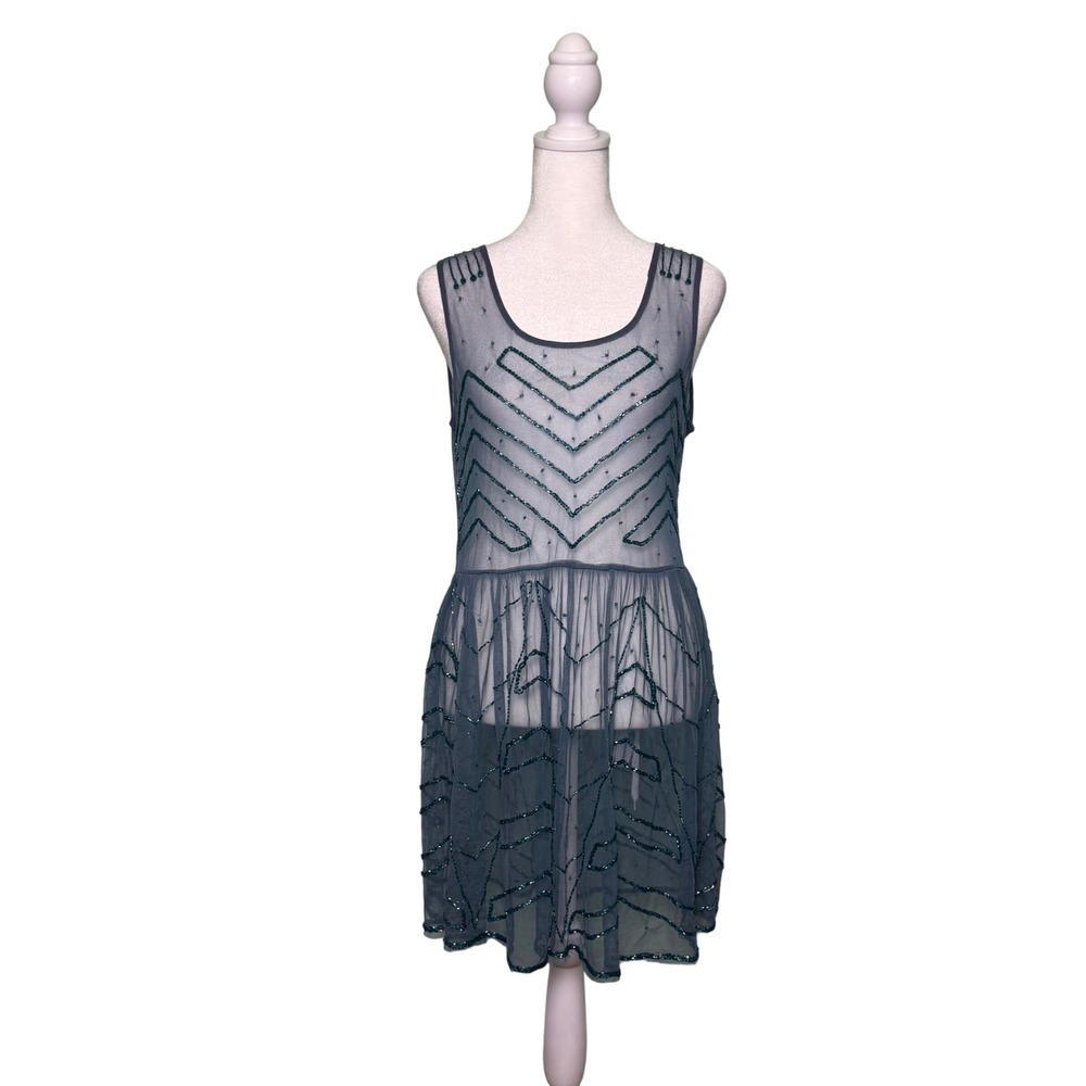 Free People Embellished Mesh Mini Slip Dress blue Beaded Women's Size Small Boho